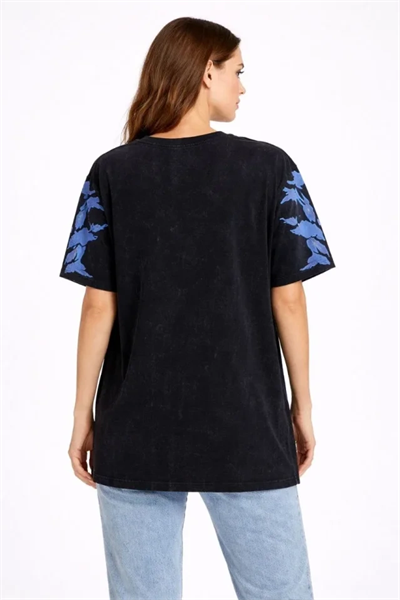 Asit Yıkamalı Oversize Tişört Mavi Kelebek Baskılı Dijital Print Bisiklet Yaka Streetwear T-Shirt - Siyah