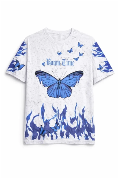 Asit Yıkamalı Oversize Tişört Mavi Kelebek Baskılı Dijital Print Bisiklet Yaka Streetwear T-Shirt - Beyaz