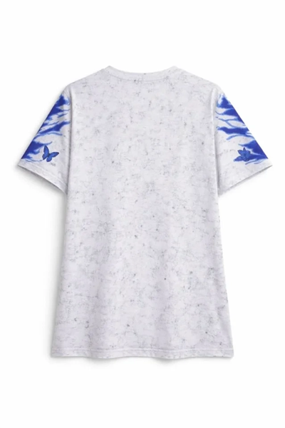 Asit Yıkamalı Oversize Tişört Mavi Kelebek Baskılı Dijital Print Bisiklet Yaka Streetwear T-Shirt - Beyaz