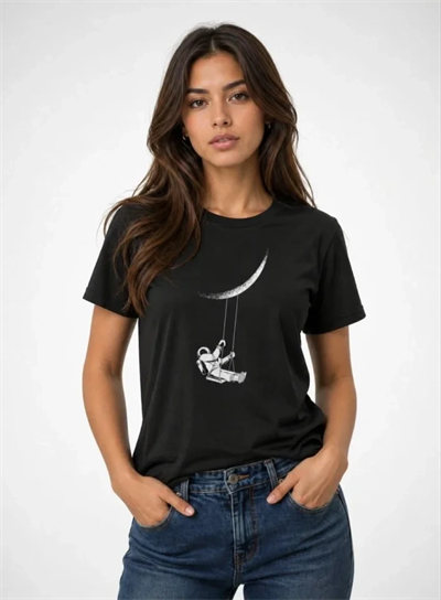 Astronot Ay Temalı Tişört Kısa Kol Yazlık Bisiklet Yaka T-Shirt - Siyah
