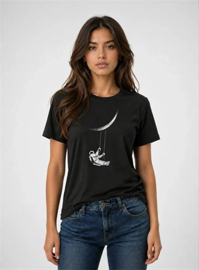 Astronot Ay Temalı Tişört Kısa Kol Yazlık Bisiklet Yaka T-Shirt - Siyah