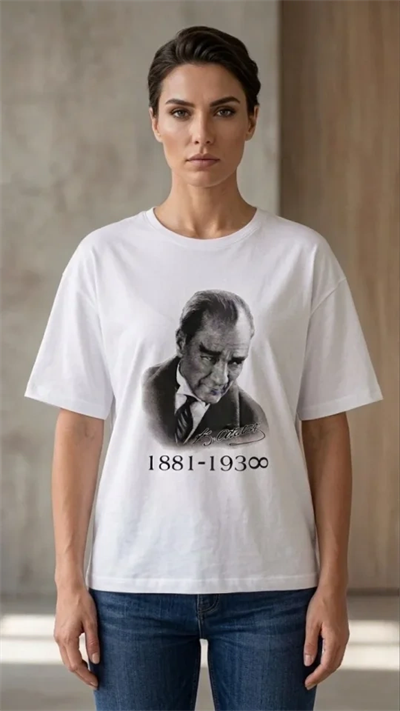 Atatürk Baskılı Tişört Kısa Kollu Bisiklet Yaka T-Shirt - Beyaz