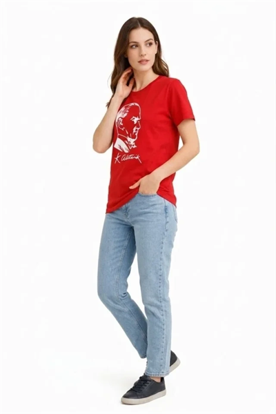 Atatürk Baskılı Tişört Kısa Kollu Bisiklet Yaka  T-Shirt - Kırmızı