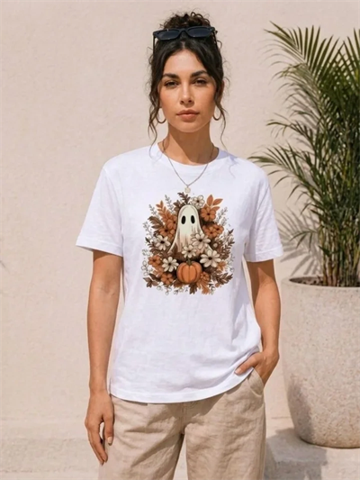 Balkabağı Hayalet Baskılı Tişört Kısa Kol Yazlık T-Shirt - Beyaz