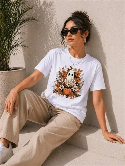 Balkabağı Hayalet Baskılı Tişört Kısa Kol Yazlık T-Shirt - Beyaz