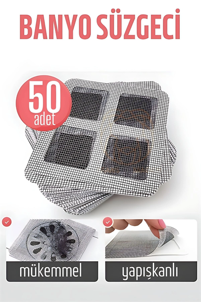 Banyo Gider Süzgeci 50 Adet Yapışkanlı Filtre, 10x10 cm