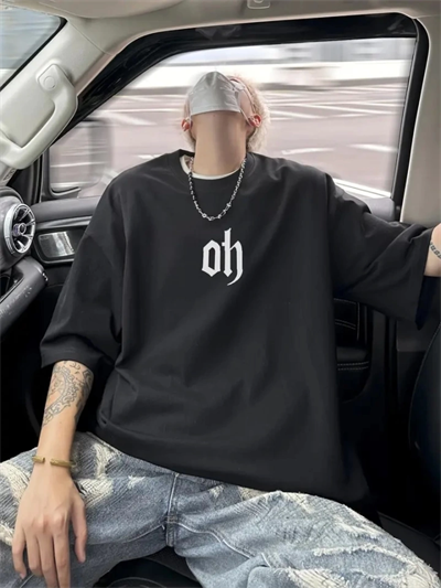 Baskılı Oversize Bisiklet Yaka T-shirt - Siyah