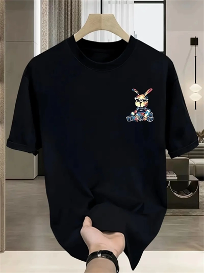 Baskılı Oversize Bisiklet Yaka T-shirt - Siyah