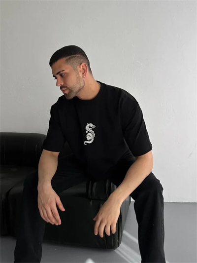 Baskılı Oversize Bisiklet Yaka T-shirt - Siyah