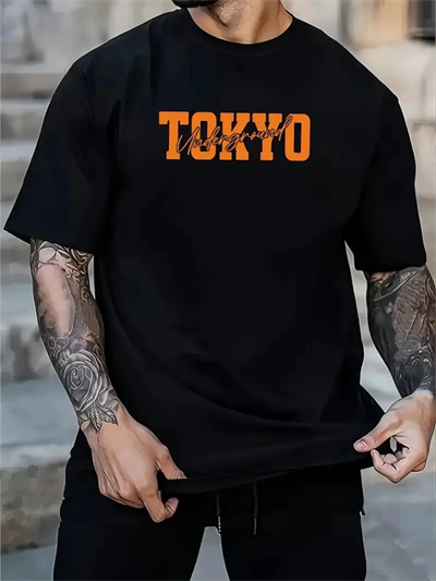 Baskılı Oversize Bisiklet Yaka T-shirt - Siyah