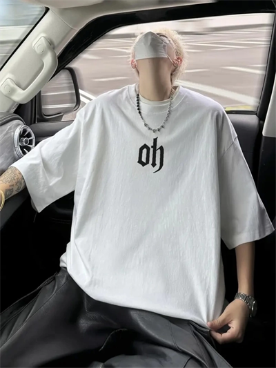 Baskılı Oversize Bisiklet Yaka T-shirt - Beyaz