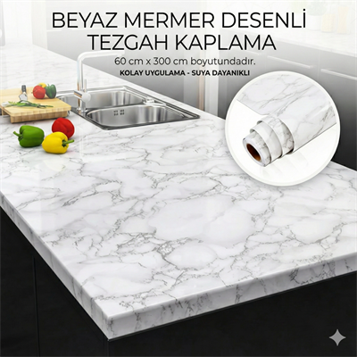 Beyaz Mermer Desenli Yapışkanlı Tezgah Folyosu (3 mt.x 60 cm)