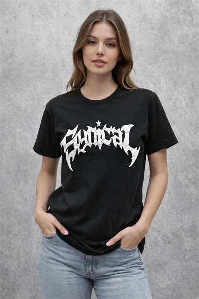 Bisiklet Yaka Ön Baskılı  Kısa Kollu Tişört Streetwear Günlük Basic Pamuklu T-shirt - Siyah
