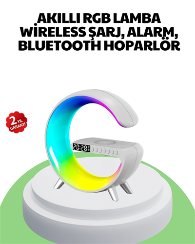 Bluetooth Hoparlörlü RGB Atmosfer Lambası Kablosuz Şarj ve Saat Özellikli