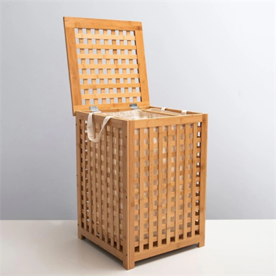 Büyük Boy Ahşap Bambu Kirli Sepeti 45x45x62