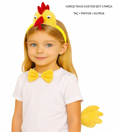 Çocuk Horoz Tavuk Kostüm Seti 3 Parça (Taç + Papyon + Kuyruk)