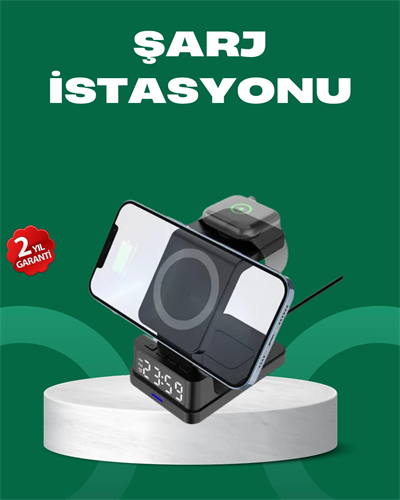Dijital Saatli Kablosuz Şarj İstasyonu – 3’ü 1 Arada Apple Uyumlu Hızlı Şarj ve LED Ekran