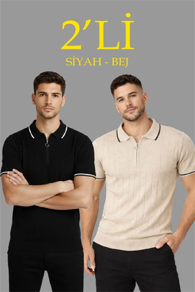 Erkek 2’li Paket Dokuma Triko  Fermuarlı Yakalı Fitilli Kısa Kollu Regular Fit Tişört - Bej - Siyah