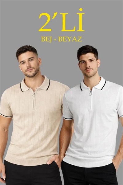Erkek 2’li Paket Dokuma Triko  Fermuarlı Yakalı Fitilli Kısa Kollu Regular Fit Tişört - Bej - Beyaz