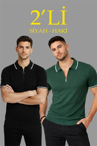 Erkek 2’li Paket Dokuma Triko  Fermuarlı Yakalı Fitilli Kısa Kollu Regular Fit Tişört - Haki - Siyah
