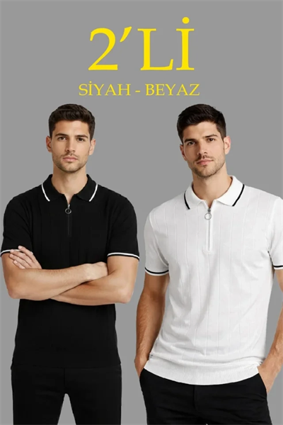 Erkek 2’li Paket Dokuma Triko  Fermuarlı Yakalı Fitilli Kısa Kollu Regular Fit Tişört - Beyaz - Siyah