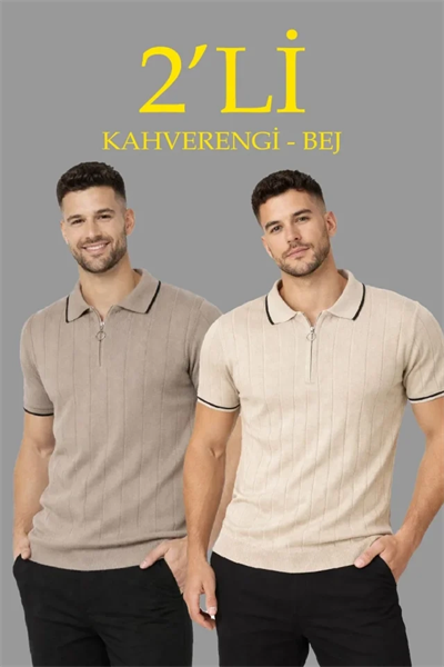 Erkek 2’li Paket Dokuma Triko  Fermuarlı Yakalı Fitilli Kısa Kollu Regular Fit Tişört - Bej - Kahverengi