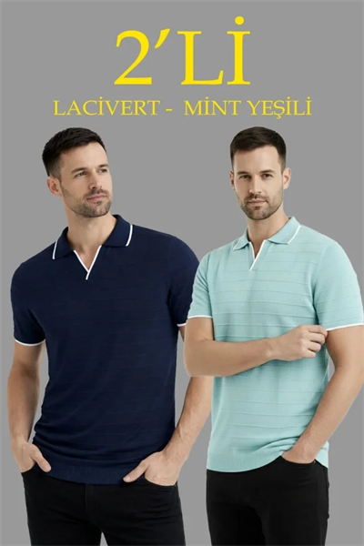Erkek 2’li Paket Triko Yakalı Düğmesiz Açık Yaka Fitilli Kısa Kollu Regular Fit Tişört - Lacivert - Mint Yeşili
