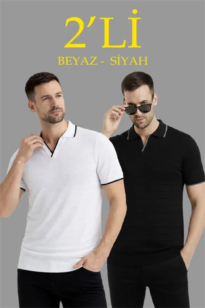 Erkek 2’li Paket Triko Yakalı Düğmesiz Açık Yaka Fitilli Kısa Kollu Regular Fit Tişört - Beyaz - Siyah