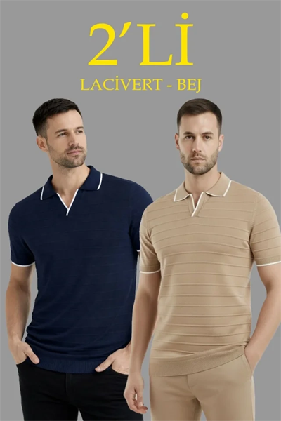 Erkek 2’li Paket Triko Yakalı Düğmesiz Açık Yaka Fitilli Kısa Kollu Regular Fit Tişört - Lacivert - Bej