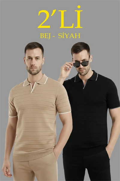 Erkek 2’li Paket Triko Yakalı Düğmesiz Açık Yaka Fitilli Kısa Kollu Regular Fit Tişört - Bej - Siyah