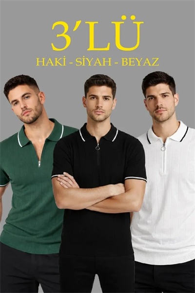 Erkek 3’lü Paket Dokuma Triko  Fermuarlı Yakalı Fitilli Kısa Kollu Regular Fit Tişört - Beyaz, Haki, Siyah