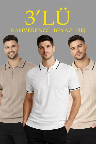 Erkek 3’lü Paket Dokuma Triko  Fermuarlı Yakalı Fitilli Kısa Kollu Regular Fit Tişört - Kahverengi, Beyaz, Bej