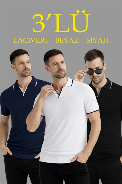 Erkek 3’lü Paket Triko Yakalı Düğmesiz Açık Yaka Fitilli Kısa Kollu Regular Fit Tişört - Siyah, Beyaz, Lacivert