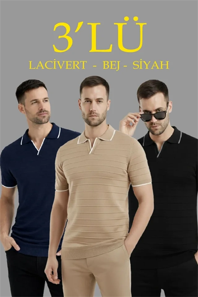 Erkek 3’lü Paket Triko Yakalı Düğmesiz Açık Yaka Fitilli Kısa Kollu Regular Fit Tişört - Lacivert, Bej, Siyah