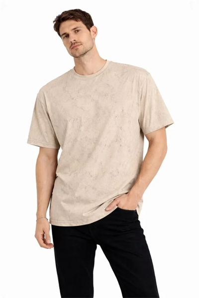 Erkek Asit Yıkama Bisiklet Yaka Kısa Kollu Oversize T-Shirt Tişört - Bej