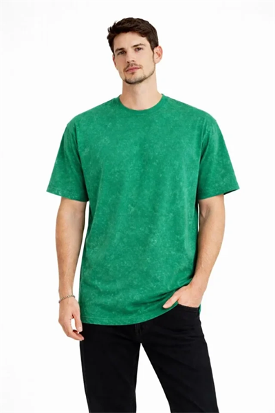 Erkek Asit Yıkama Bisiklet Yaka Kısa Kollu Oversize T-Shirt Tişört - Yeşil