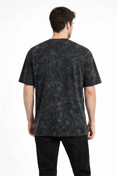 Erkek Asit Yıkama Bisiklet Yaka Kısa Kollu Oversize T-Shirt Tişört - Siyah