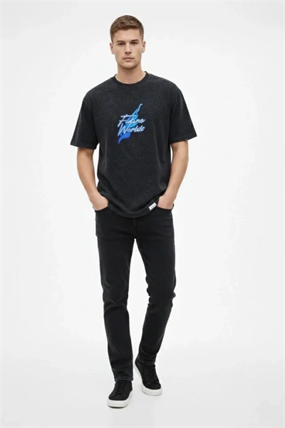 Erkek Asit Yıkamalı Oversize Tişört Future Worlds Baskılı Bisiklet Yaka Kısa Kollu Streetwear %100 Pamuk Street Style T-Shirt - Siyah