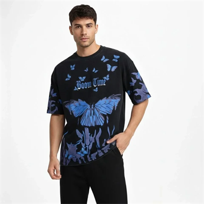 Erkek Asit Yıkamalı Oversize Tişört Mavi Kelebek Baskılı Dijital Print Bisiklet Yaka Streetwear T-Shirt - Siyah