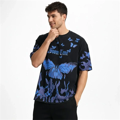 Erkek Asit Yıkamalı Oversize Tişört Mavi Kelebek Baskılı Dijital Print Bisiklet Yaka Streetwear T-Shirt - Siyah