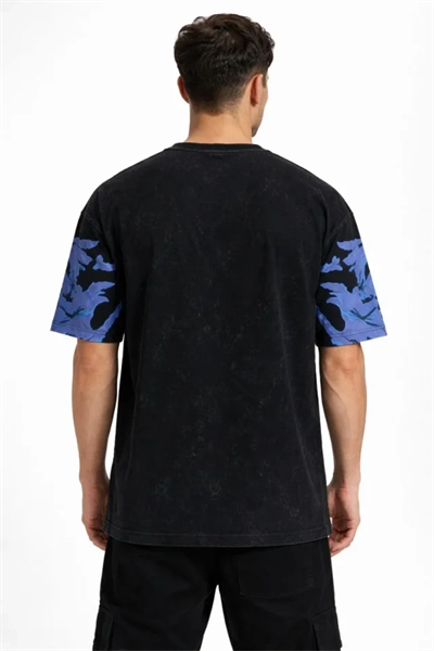 Erkek Asit Yıkamalı Oversize Tişört Mavi Kelebek Baskılı Dijital Print Bisiklet Yaka Streetwear T-Shirt - Siyah