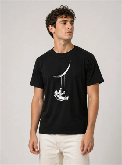 Erkek Astronot Ay Temalı Tişört Kısa Kol Yazlık Bisiklet Yaka T-Shirt - Siyah