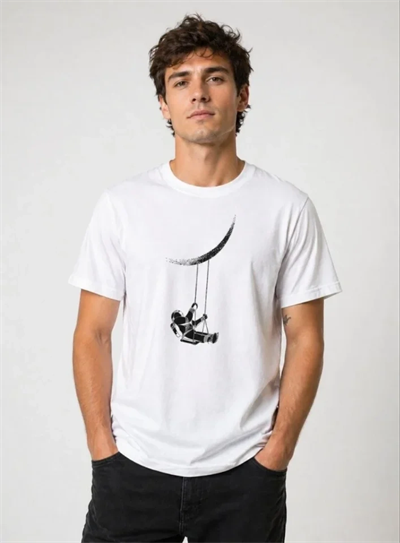 Erkek Astronot Ay Temalı Tişört Kısa Kol Yazlık Bisiklet Yaka T-Shirt - Beyaz