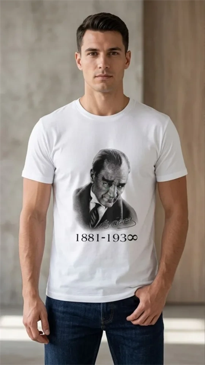 Erkek Atatürk Baskılı Tişört Kısa Kollu Bisiklet Yaka  T-Shirt - Beyaz