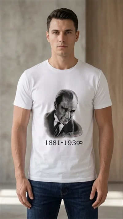 Erkek Atatürk Baskılı Tişört Kısa Kollu Bisiklet Yaka  T-Shirt - Beyaz