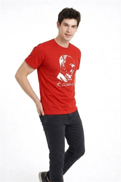 Erkek Atatürk Baskılı Tişört Kısa Kollu Bisiklet Yaka T-Shirt - Kırmızı