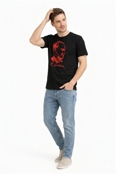 Erkek Atatürk Baskılı Tişört Kısa Kollu Bisiklet Yaka T-Shirt - Siyah