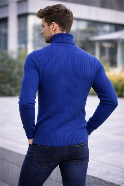 Erkek Balıkcı Yaka Bağazlı Triko Kazak Pamuklu Kalın Fitilli Dokuma, Regular Fit Uzun Kollu Kışlık Model - İndigo