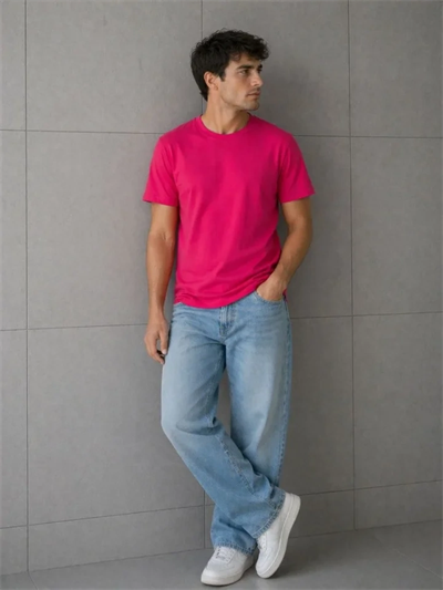 Erkek Basic Pamuklu Tişört Bisiklet Yaka Düz Renk Regular Fit T-Shirt - Fuşya