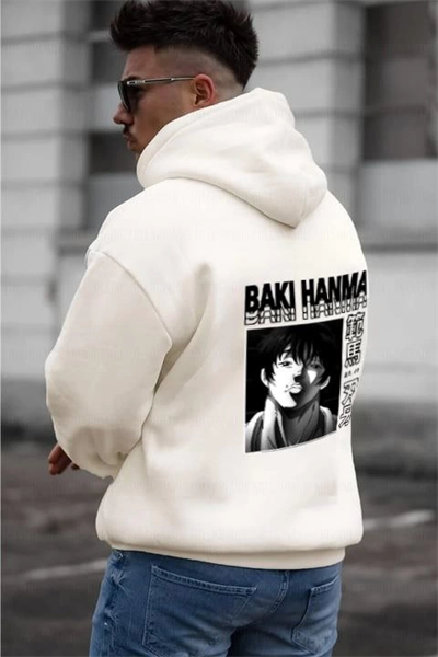Erkek Baskılı Kapüşonlu Ve Kordon İpli Sweat - Beyaz
